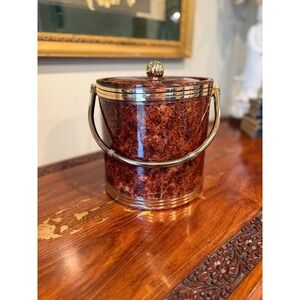 Vintage Faux Tortoise Ice Bucket Brass Handle - Mid Century Barware